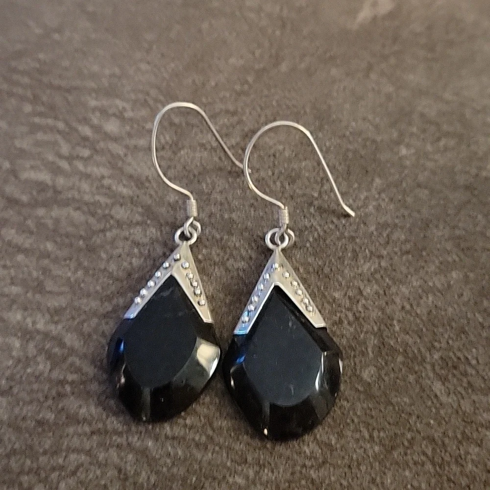 VTG Estate Art Deco Onyx Sterling Silver Teardrop Dangle Hook Earrings
